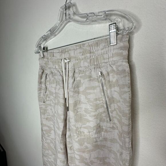 Athleta Cream & Tan Camo Cabo Print Tied Linen Jogger Pant Zip Front Pockets 4 - Picture 6 of 15